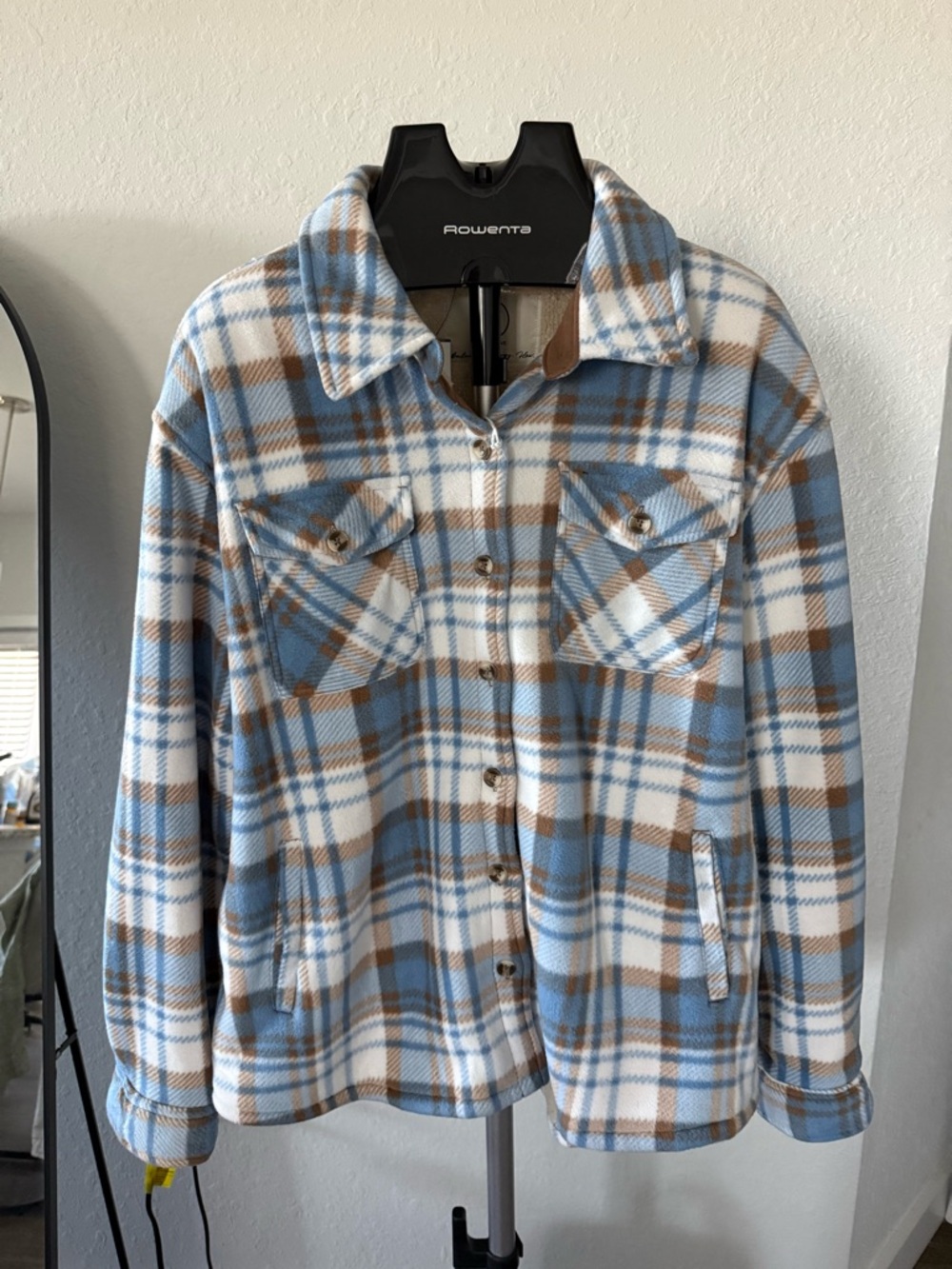 NWT SAGE Collective Plaid Sherpa Shacket Jacket XL Cozy Button Front Blue Brown